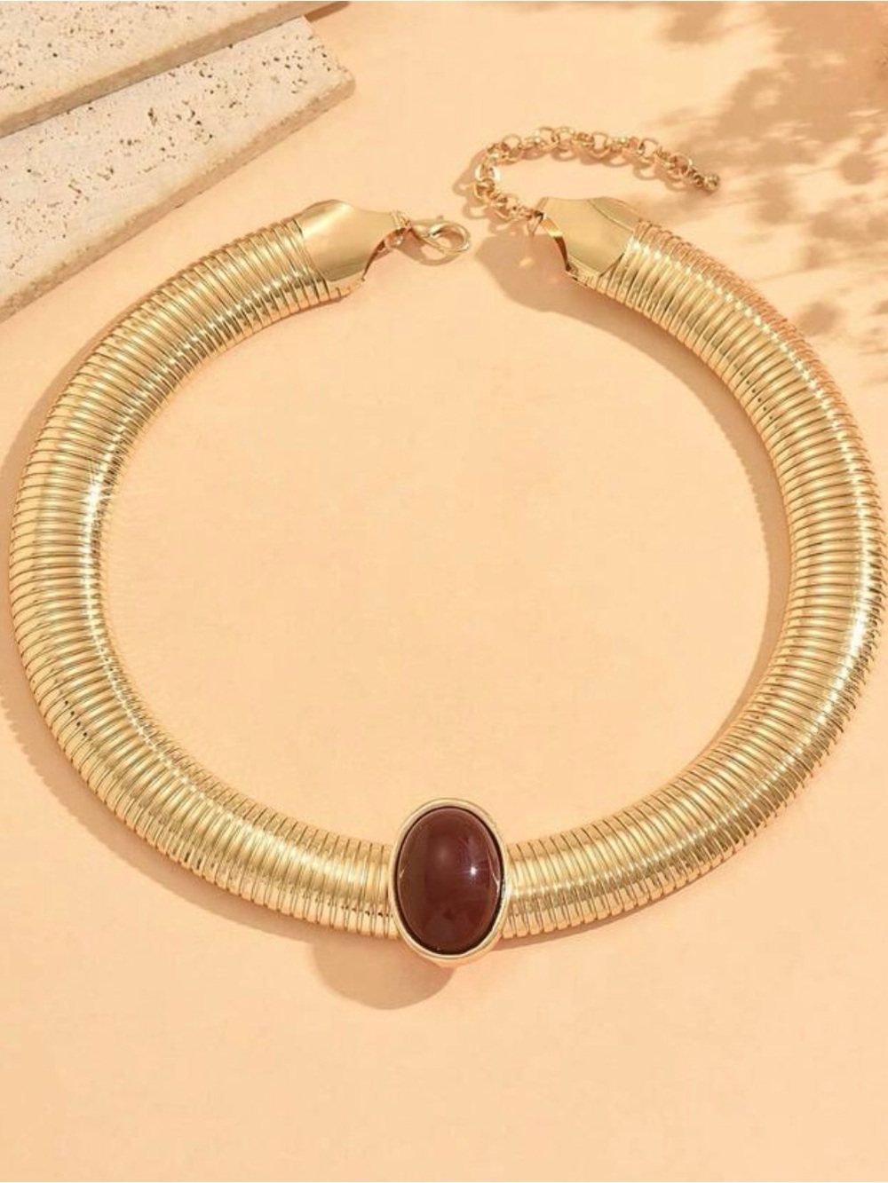 Gold Collar Necklace with Brown Cabochon
